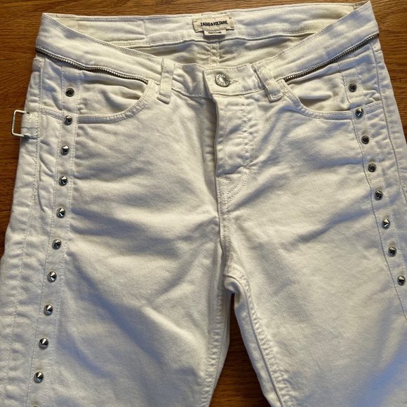 EUC‎ Zadig & Voltaire Stud Jeans Women 26 White Elios Spikes Boyfriend Crop - Picture 3 of 7
